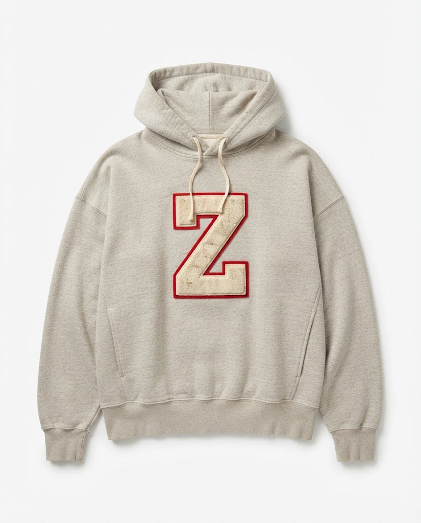 Vintage Collegiate Chenille "Z" Patch Hoodie – Oatmeal Heather Gray (Retro Streetwear)