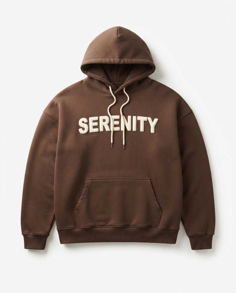 Minimalist Heavyweight "SERENITY" Puff Print Hoodie – Mocha Brown (Luxury Streetwear)
