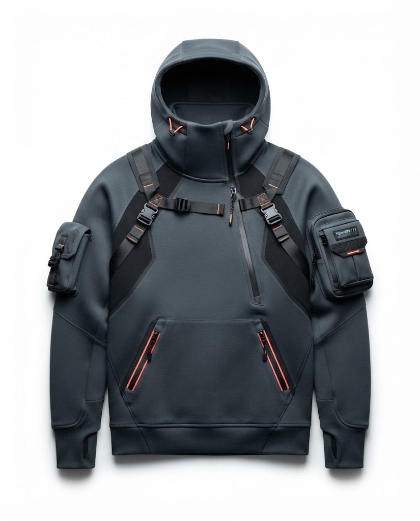 Cyberpunk Tactical Techwear Hoodie – Dark Slate-Gray with Utility Straps