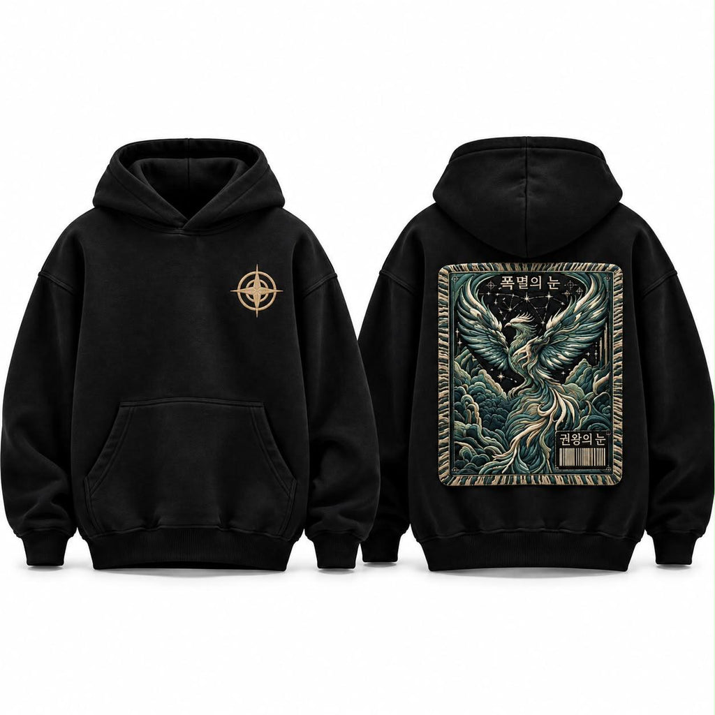 Korean Streetwear Phoenix Graphic Black Hoodie with Compass Chest Logo