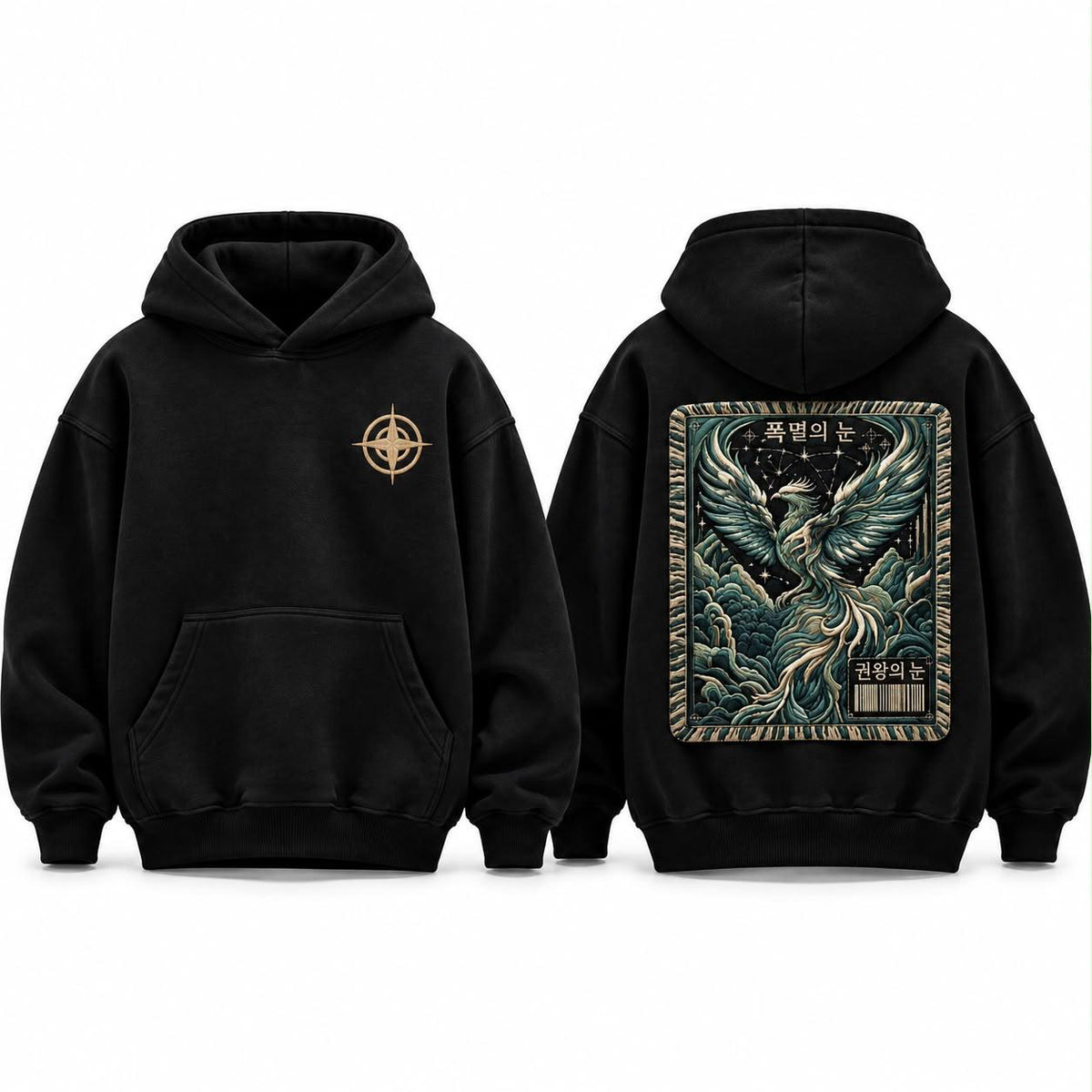 Korean Streetwear Phoenix Graphic Black Hoodie with Compass Chest Logo