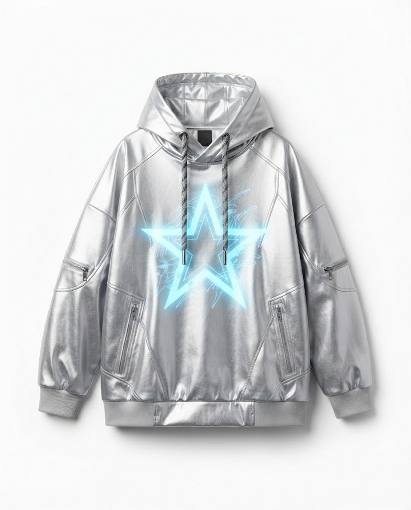 Y2K Cyberpunk Metallic Silver Graphic Hoodie – Techwear Streetwear