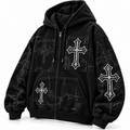 Grunge Gothic Cross Applique Black Full-Zip Oversized Hoodie