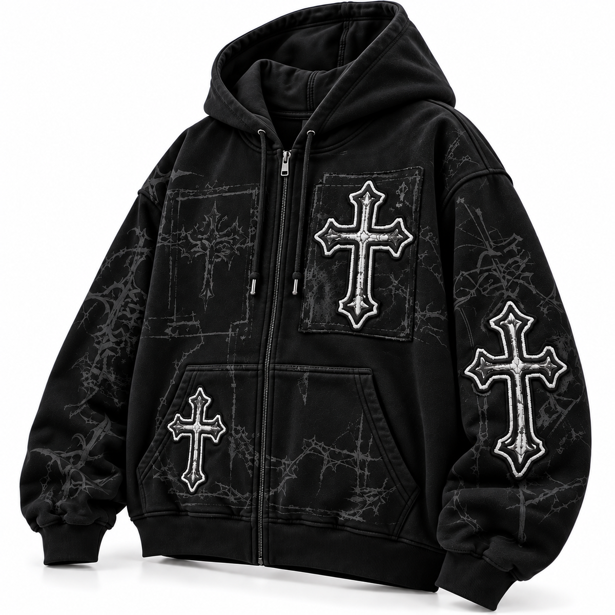 Grunge Gothic Cross Applique Black Full-Zip Oversized Hoodie
