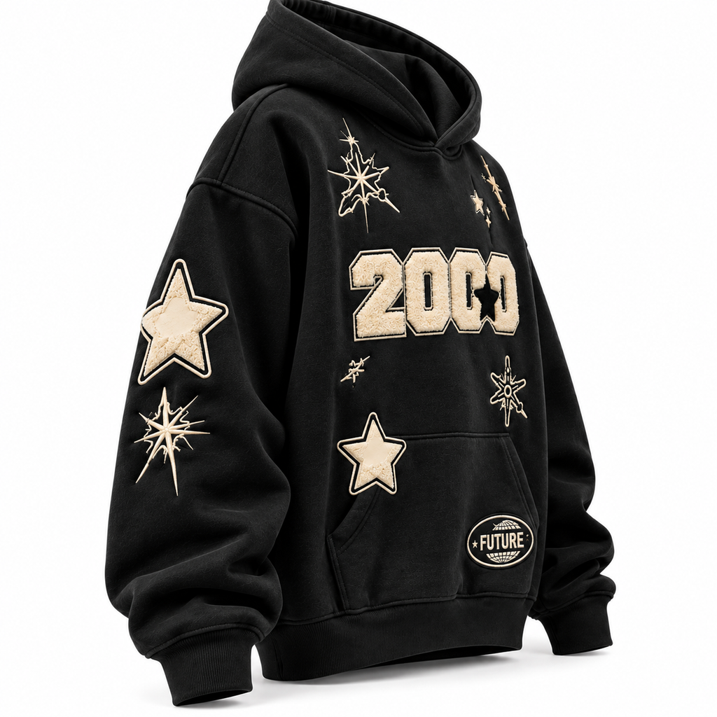 Y2K Vintage "2000" Starburst Black Oversized Hoodie