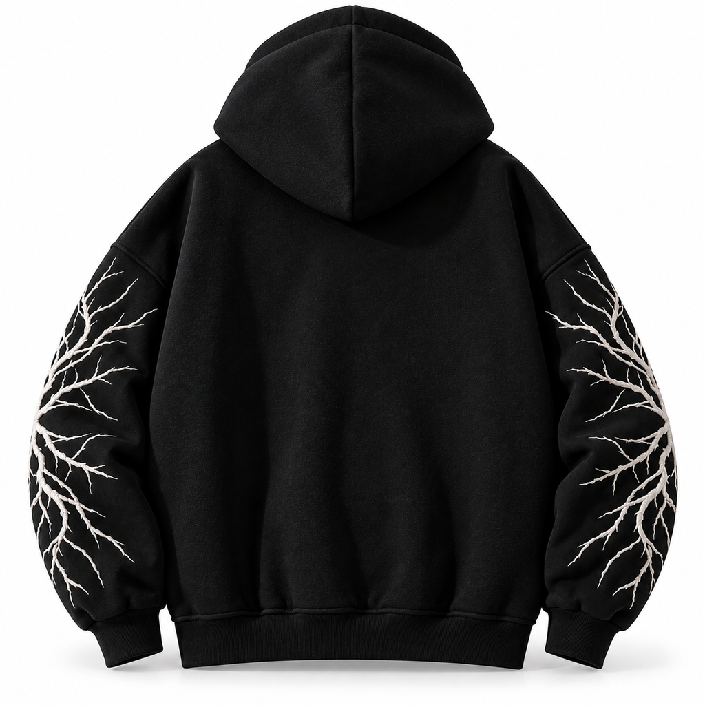 VENKADOR Streetwear Black Oversized Hoodie with Intricate White Branch Sleeve Embroidery