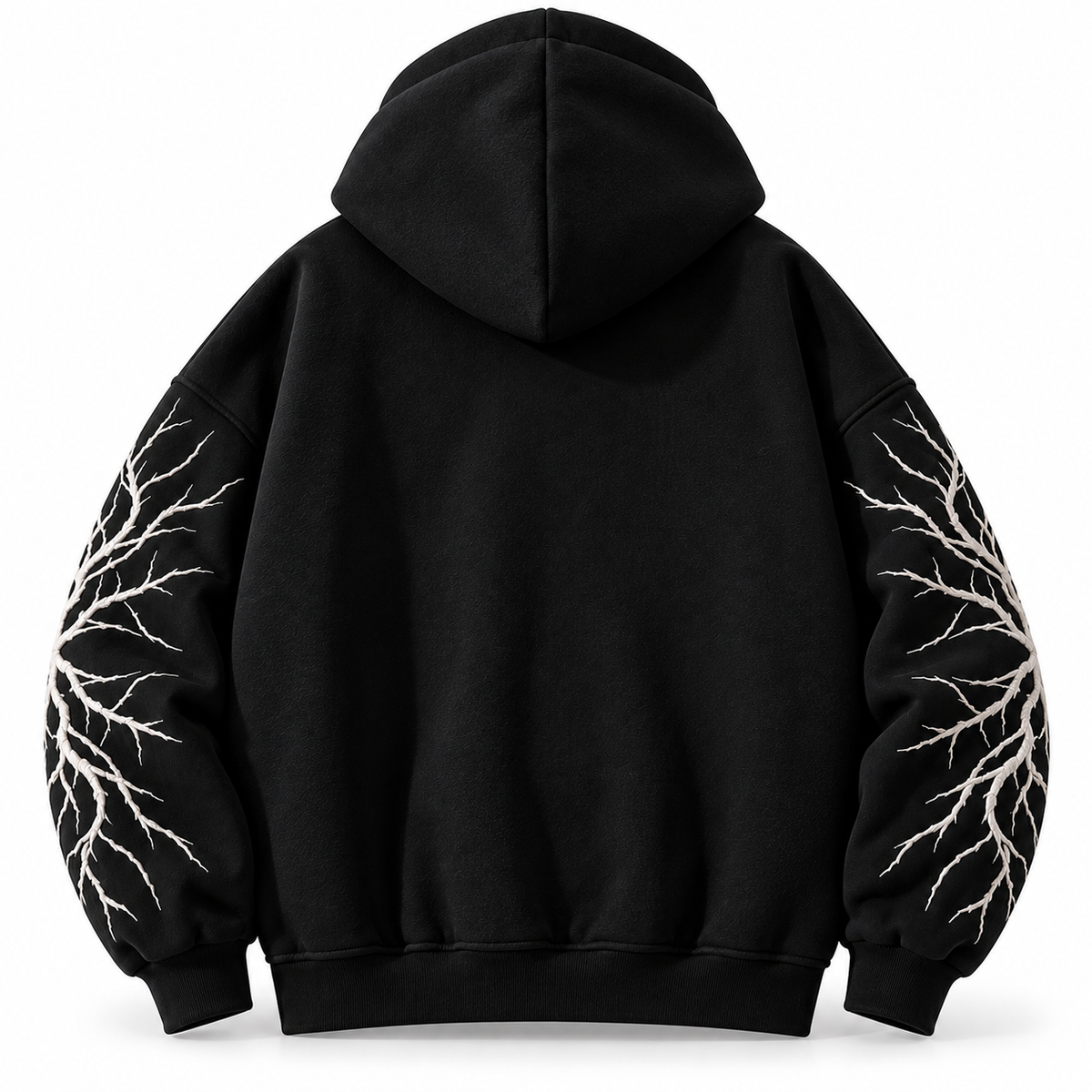 VENKADOR Streetwear Black Oversized Hoodie with Intricate White Branch Sleeve Embroidery