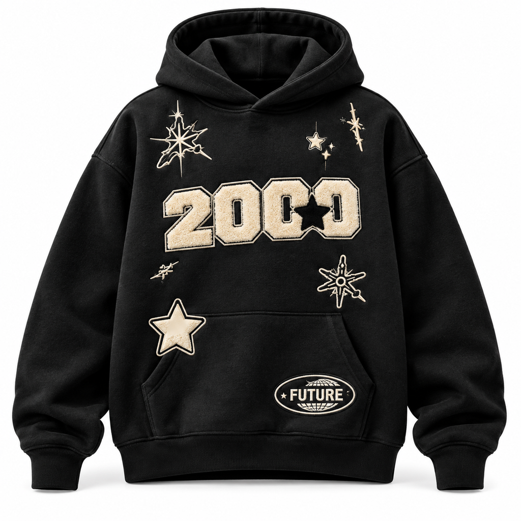 Y2K Vintage "2000" Starburst Black Oversized Hoodie