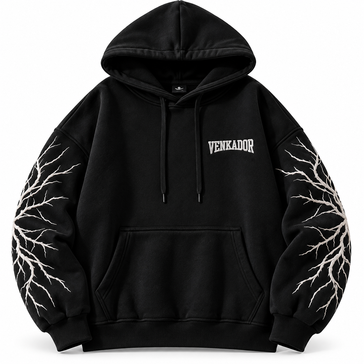 VENKADOR Streetwear Black Oversized Hoodie with Intricate White Branch Sleeve Embroidery