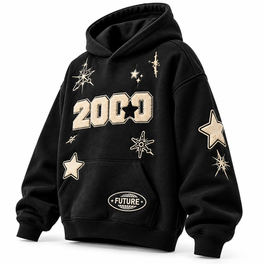 Y2K Vintage "2000" Starburst Black Oversized Hoodie