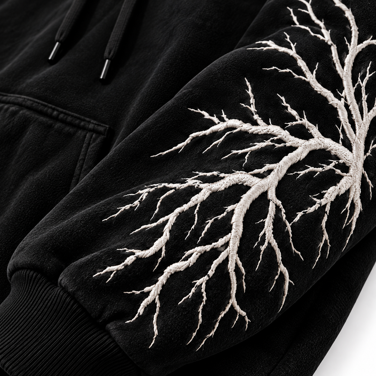 VENKADOR Streetwear Black Oversized Hoodie with Intricate White Branch Sleeve Embroidery
