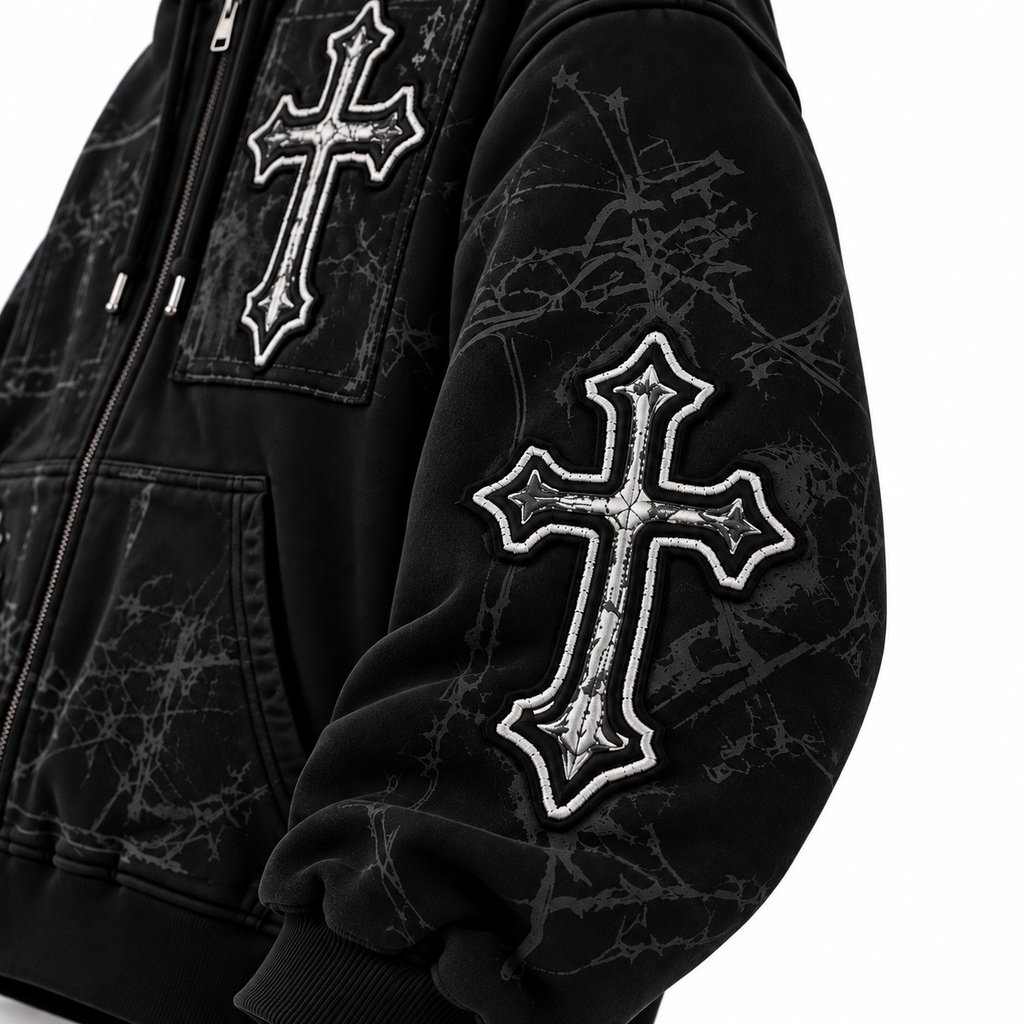 Grunge Gothic Cross Applique Black Full-Zip Oversized Hoodie