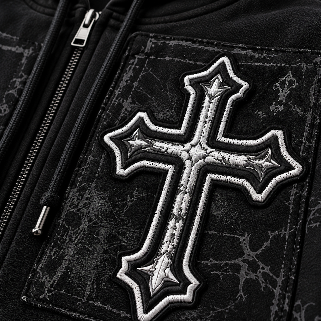 Grunge Gothic Cross Applique Black Full-Zip Oversized Hoodie