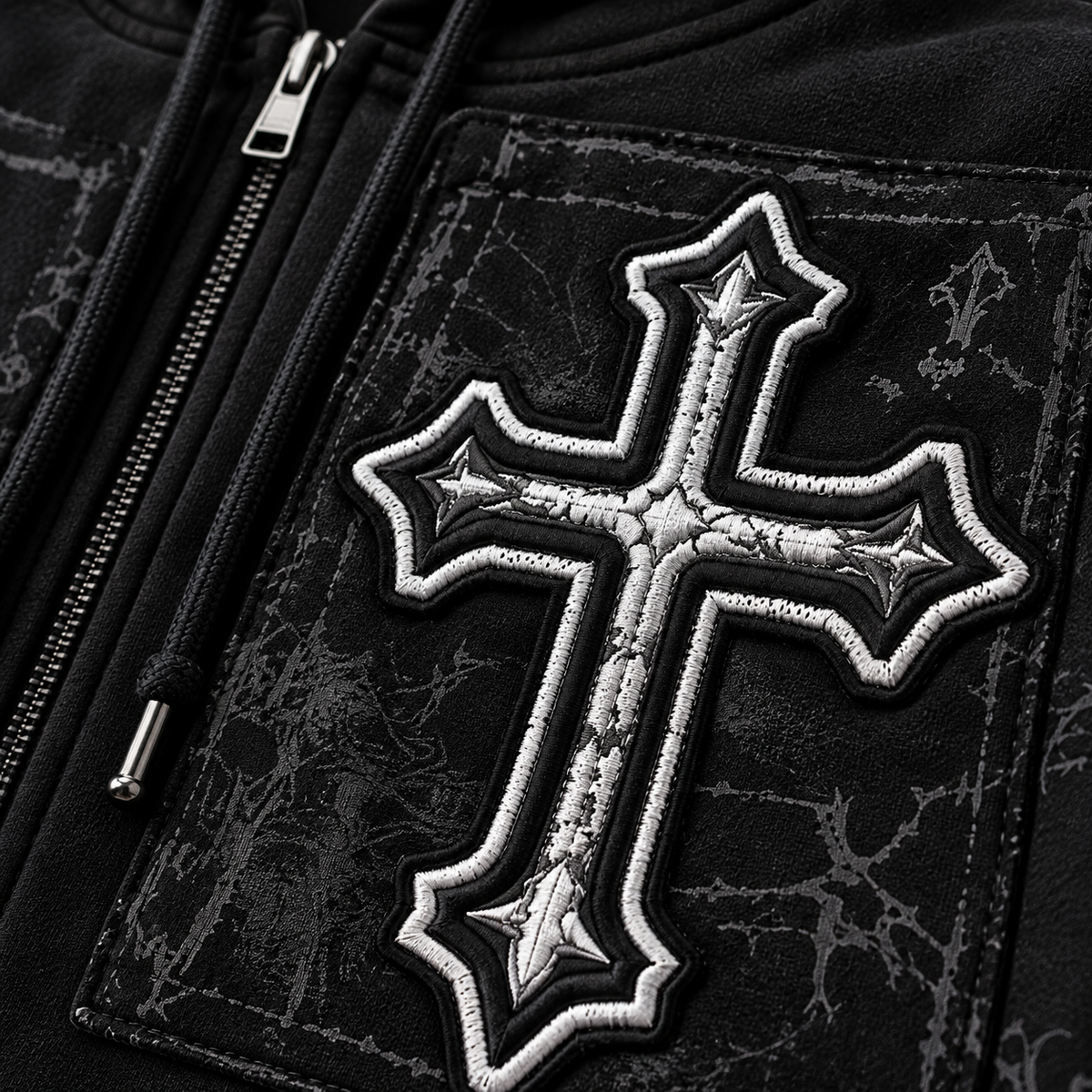 Grunge Gothic Cross Applique Black Full-Zip Oversized Hoodie