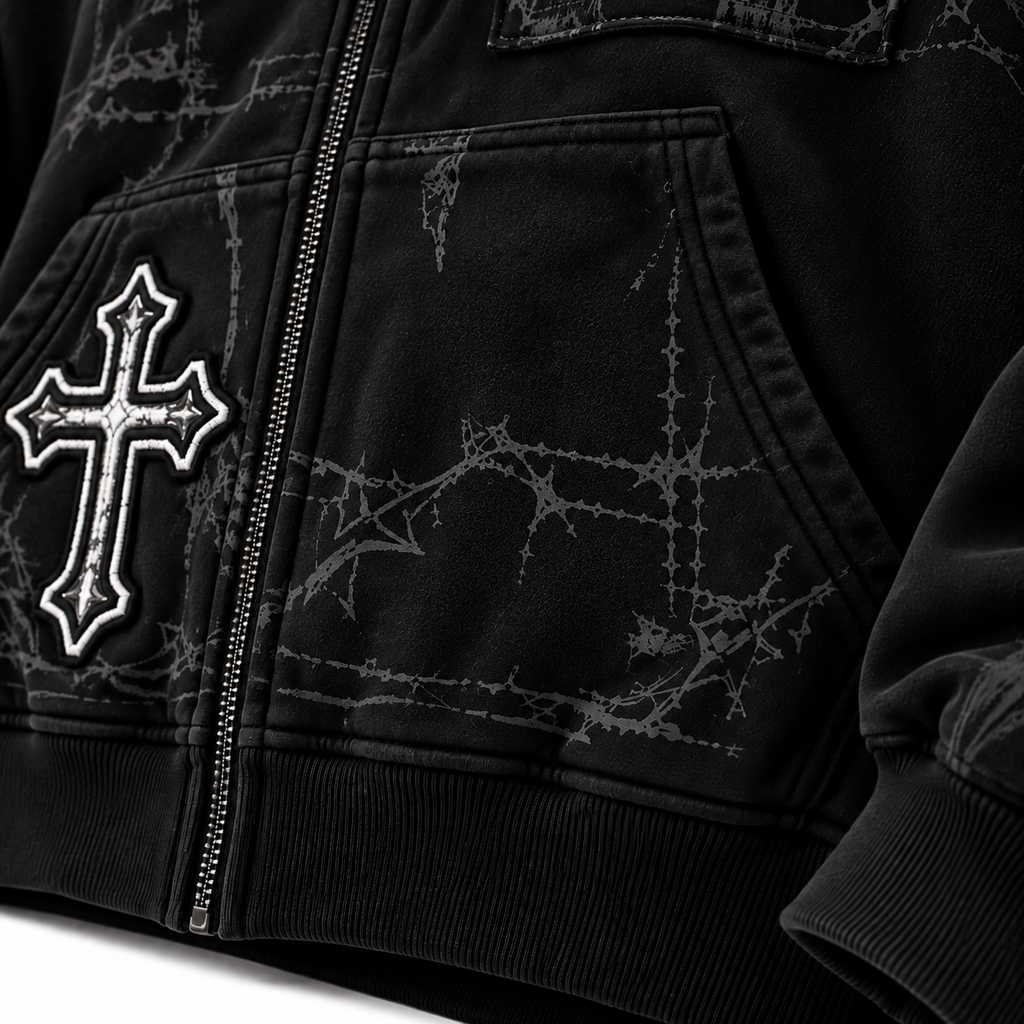 Grunge Gothic Cross Applique Black Full-Zip Oversized Hoodie