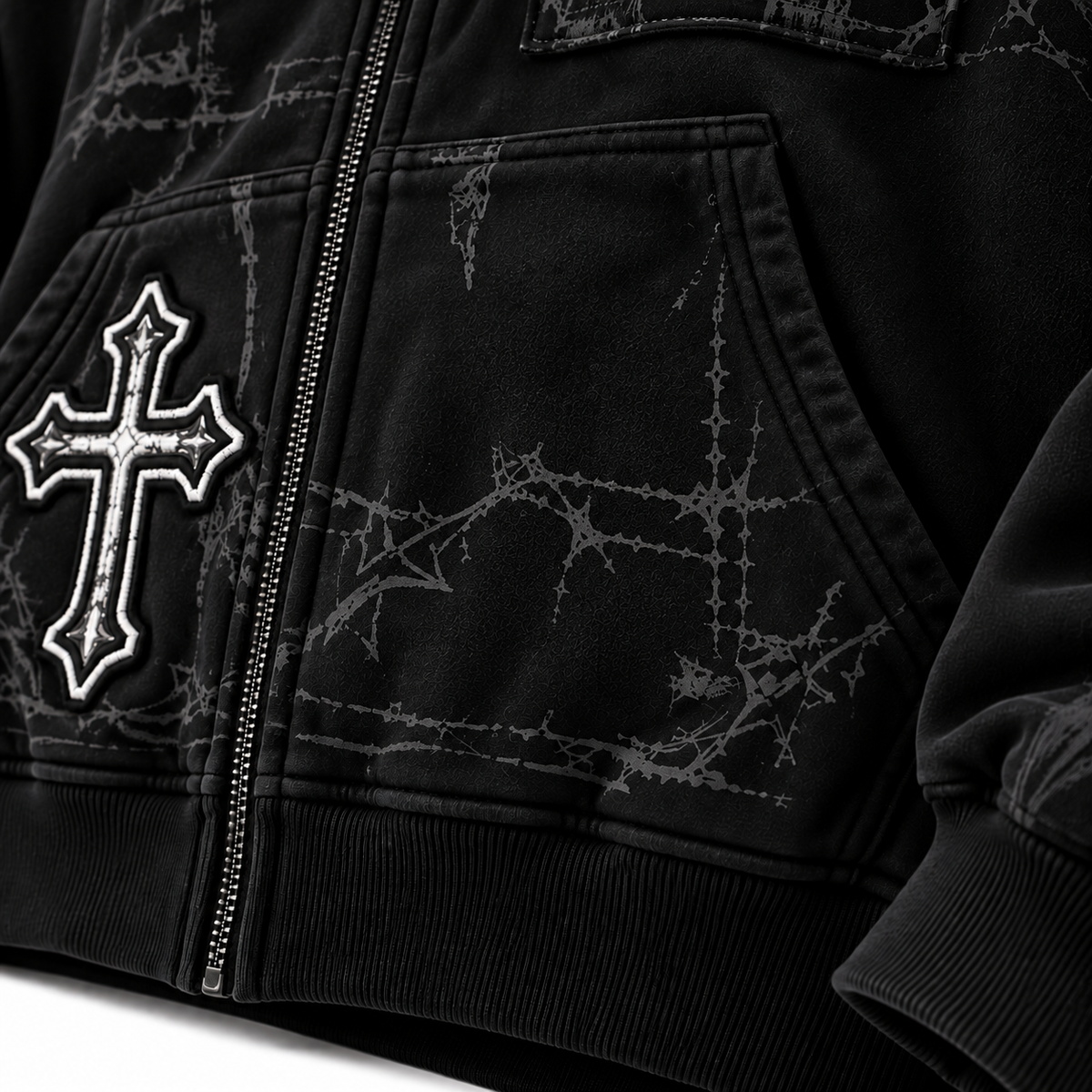 Grunge Gothic Cross Applique Black Full-Zip Oversized Hoodie