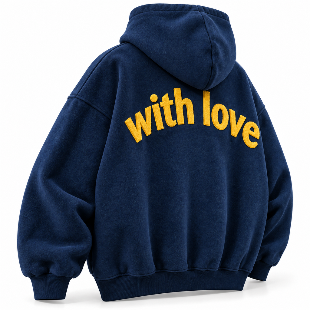Navy Blue Oversized Hoodie with Golden Yellow Chenille "With Love" Back Embroidery