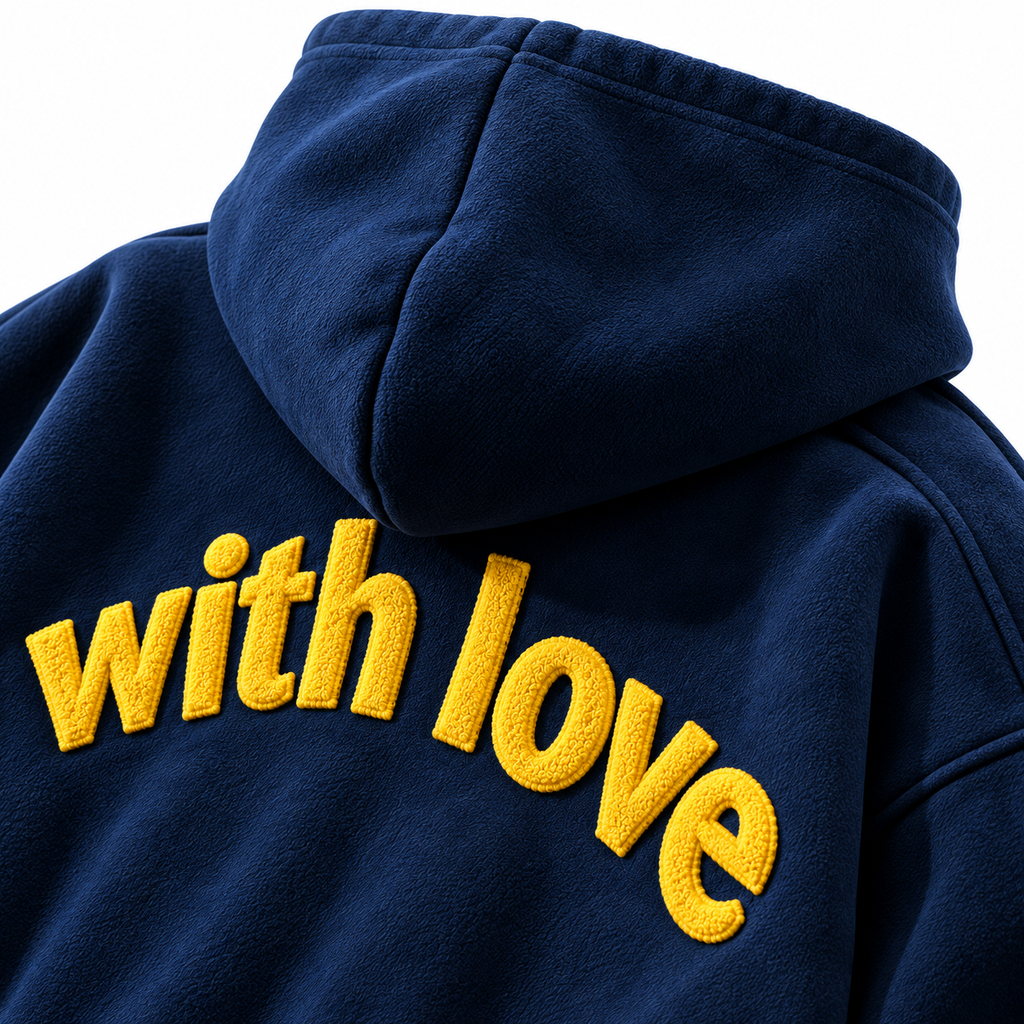 Navy Blue Oversized Hoodie with Golden Yellow Chenille "With Love" Back Embroidery
