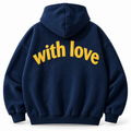 Navy Blue Oversized Hoodie with Golden Yellow Chenille "With Love" Back Embroidery