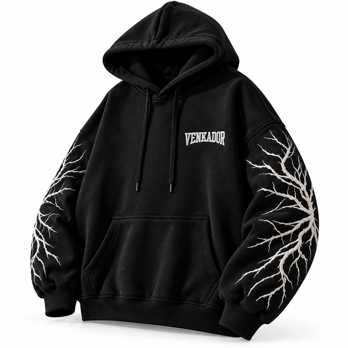 VENKADOR Streetwear Black Oversized Hoodie with Intricate White Branch Sleeve Embroidery