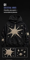 Celestial Vibes Chenille Star Patch & Embroidered Planets Hoodie
