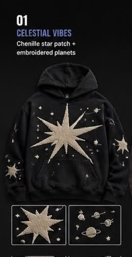 Celestial Vibes Chenille Star Patch & Embroidered Planets Hoodie