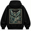 Korean Streetwear Phoenix Graphic Black Hoodie with Compass Chest Logo