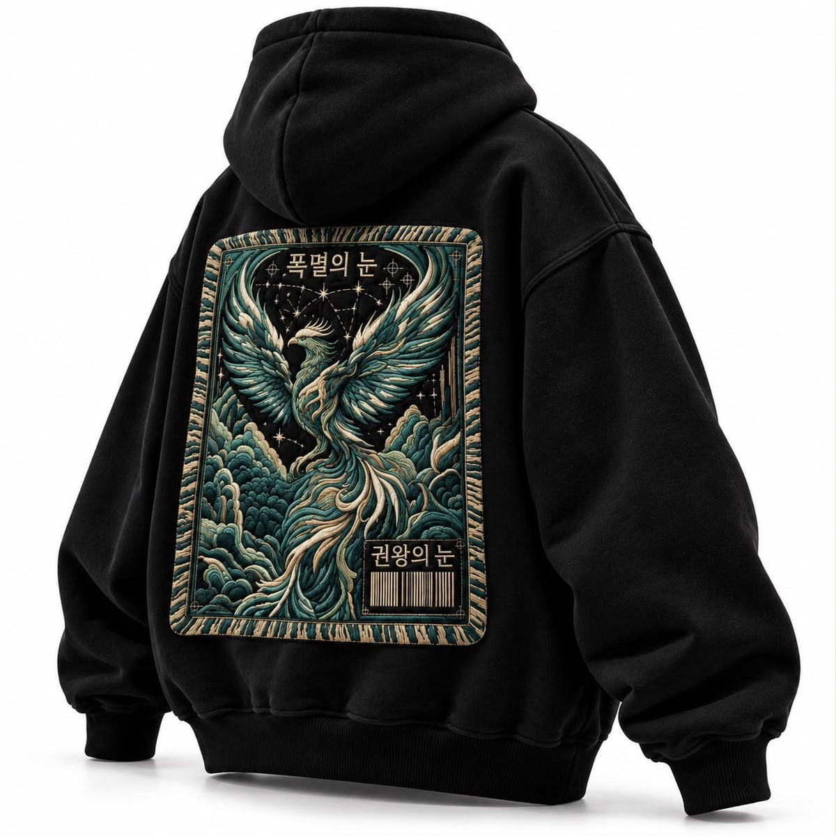 Korean Streetwear Phoenix Graphic Black Hoodie with Compass Chest Logo