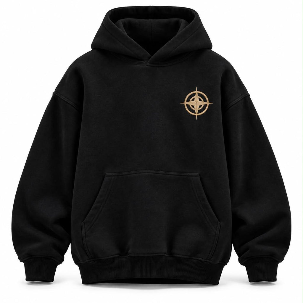 Korean Streetwear Phoenix Graphic Black Hoodie with Compass Chest Logo