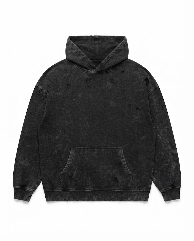 Vintage Washed & Distressed Heavyweight Oversized Hoodie – Washed Black
