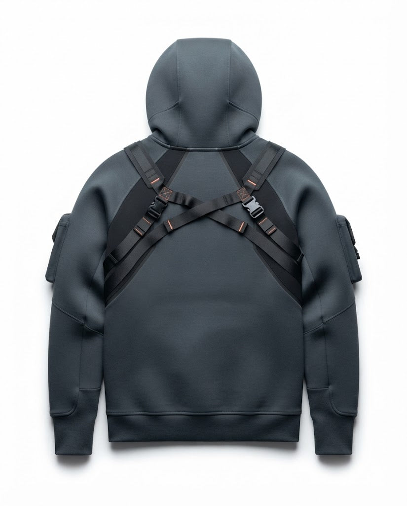 Cyberpunk Tactical Techwear Hoodie – Dark Slate-Gray with Utility Straps