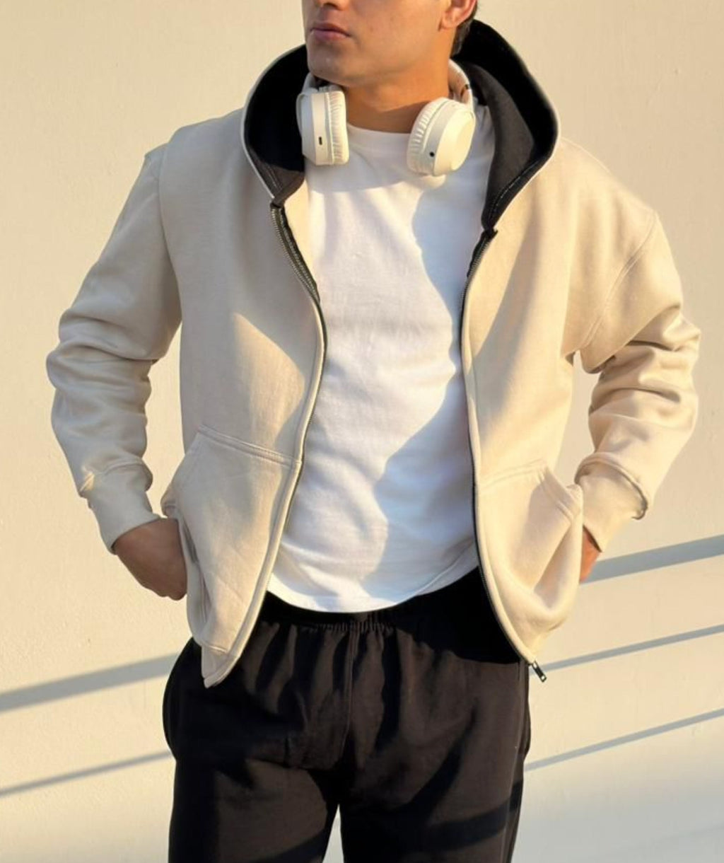 Sweat à capuche zippé oversize épais crème